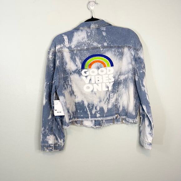 Lady Soulshine Bleach Splattered Good Vibes Only Rainbow Denim Jacket Small NWT - Picture 2 of 11